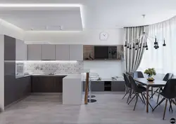 Living room kitchen design in white and gray tones photo