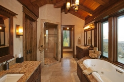 Bathroom design in a wooden house with a window