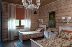 Curtains in a bedroom in a wooden house photo