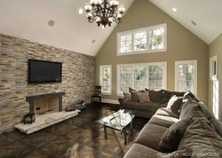 Ceramic tiles in the living room interior on the walls