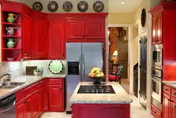 Red interior of a small kitchen