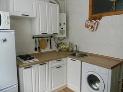 Photos of straight kitchens with a refrigerator and washing machine