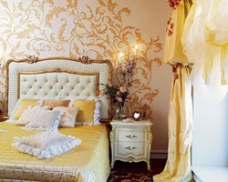 Gold color in the bedroom interior