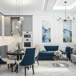 Дизайн бело синяя кухня гостиная