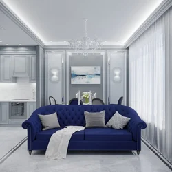 Дизайн бело синяя кухня гостиная