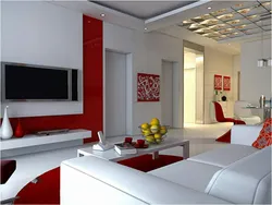 Living Room Design With Red Kitchen