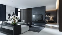 Living room design with black wallpaper