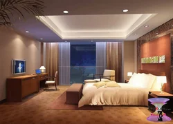 Suspended ceiling in the bedroom without a chandelier design