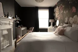 Bedroom interior with dark wallpaper