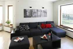 Living room design photo with black sofa