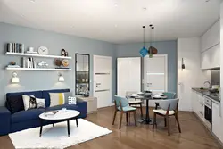 Серо синий интерьер кухни гостиной