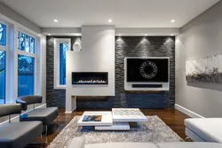 Design of walls in the living room with a TV in the interior