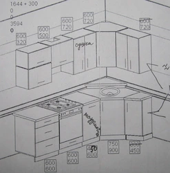 Проект кухни с угловой мойкой с размерами фото