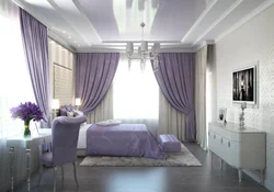 Combination of colors in the interior curtains and wallpaper in the bedroom