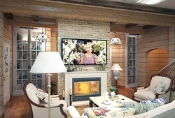 Interior of a living room with a fireplace in a country house