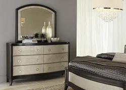 Bedroom design with chest of drawers and mirror
