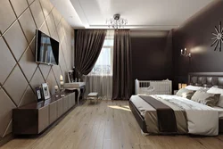 Интерьер спальни с серыми обоями и коричневой мебелью