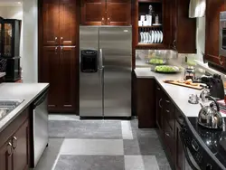 Gray kitchen brown floor in the interior