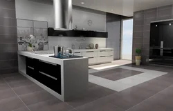 Серый керамогранит в интерьере кухни на полу