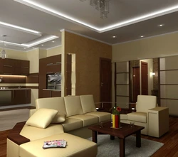 Design of suspended ceilings in the living room combined with the kitchen