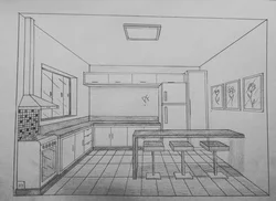 Kitchen interior in pencil