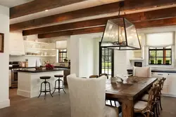 Kitchen living room interior with beams