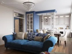 Living Room Kitchen Interior In Blue Tones