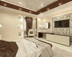 Дизайн спальни бежевый потолок