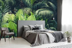Wallpaper with palm leaves in the bedroom interior