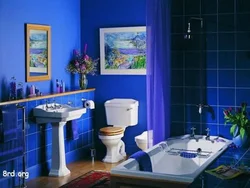 What color goes with blue in the bathroom interior