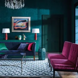 Turquoise color combination in the living room interior with other colors