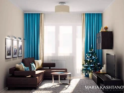 Turquoise curtains in a beige living room interior