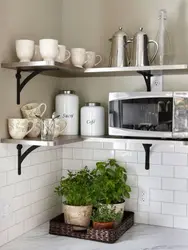 Open shelves for the kitchen on the wall in the interior