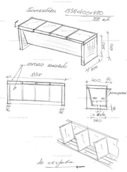 Banquette in the hallway made of wood, drawings and photos