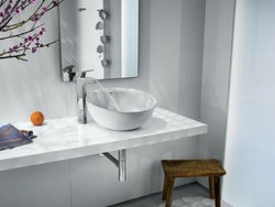 Bathroom sink overlay on the countertop photo of the bathtub