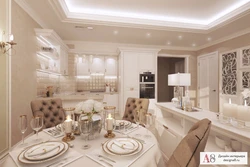 Kitchen living room in beige tones in a modern interior