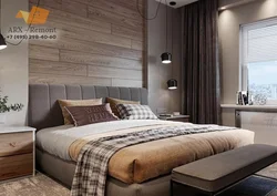 Modern bedroom interior with laminate flooring on the wall