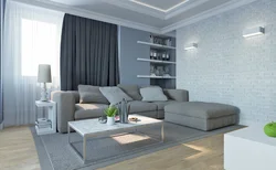 Living room design with sofa in gray tones