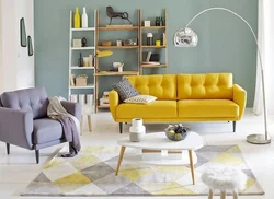 Living room design with mustard sofa