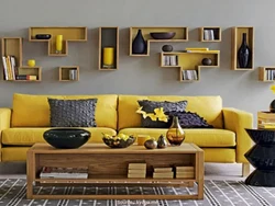 Living room design with mustard sofa