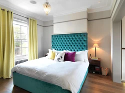 Bedroom interior with turquoise bed