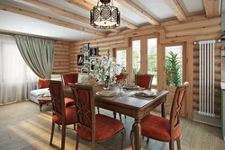 Kitchen living room in a wooden house photo interior