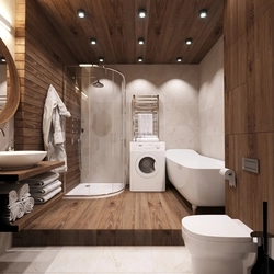 Дизайн ванной в деревянном доме с душевой кабиной