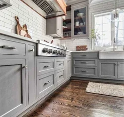Gray Kitchen With Wooden Facades Interior