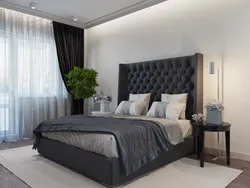 Gray bed in the bedroom interior design photo