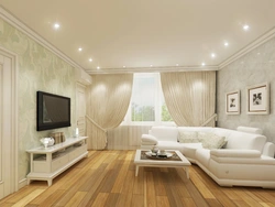 Suspended ceiling with spotlights in the living room photo in the apartment