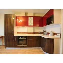 Red kitchen with brown photo