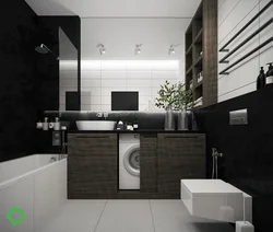 Black washing machine in the bathroom interior photo