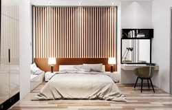 Decor with slats in the bedroom interior