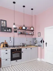 Kitchen design with pink wallpaper